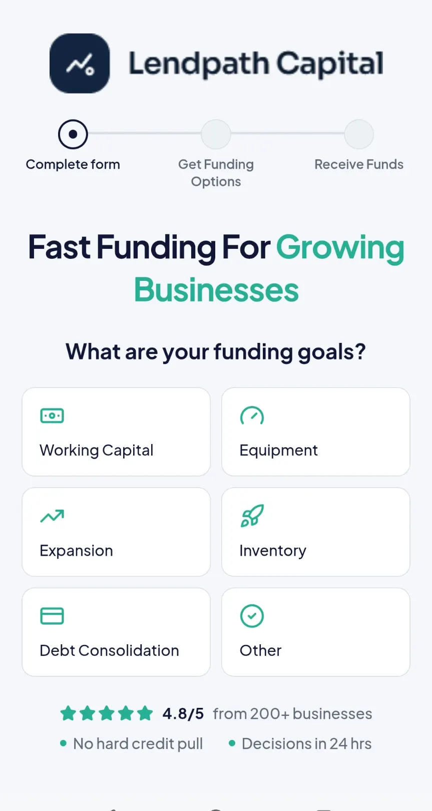 Mobile-optimized FunnelFi funding site, application step one