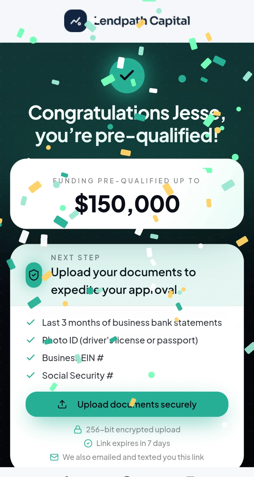 Mobile pre-qualified celebration screen with document upload next step