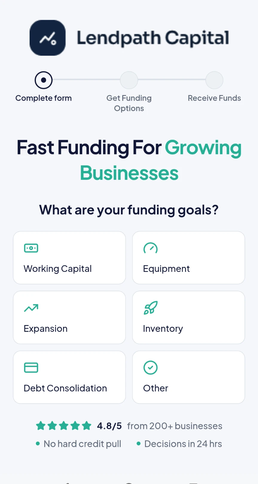 Mobile-optimized FunnelFi funding site — application step one